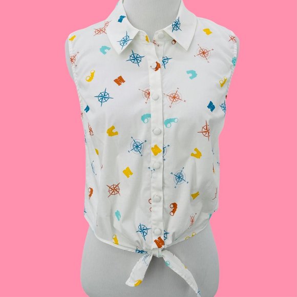 Modcloth Tops - ModCloth Crop Top Size S Small Tie Front Traveler Print Button Down Shirt Womens